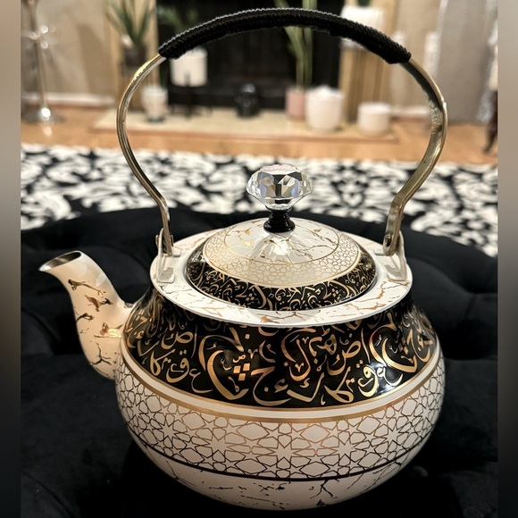 Vintage Other - Ornate Unique Arabic Style Tea Kettle Black Cream Gold Patterned Vintage Look